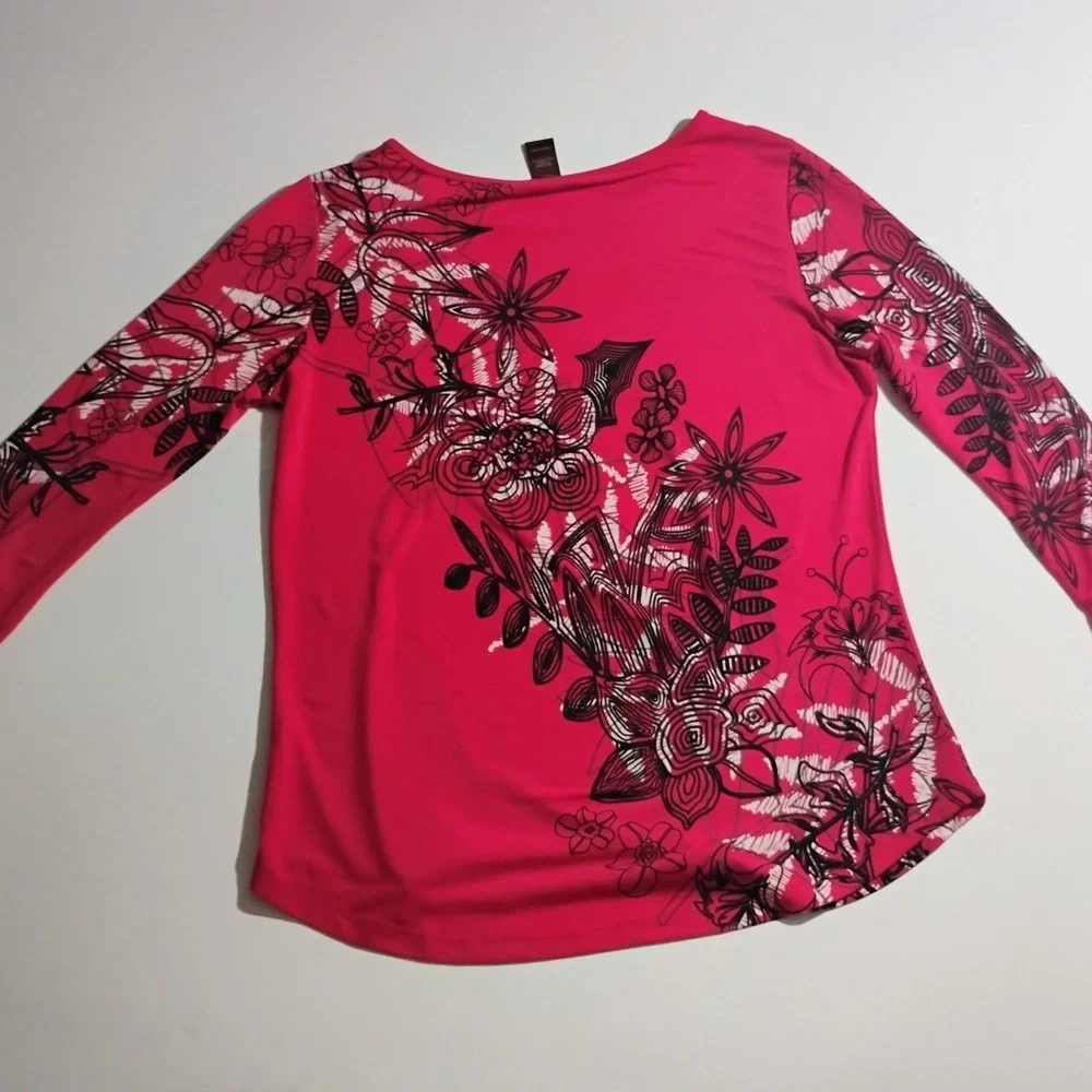 Multiples Floral Print Top Small Pink Black White 3/4 Sleeve Stretch Blouse